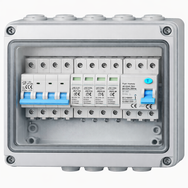 Quadro di Protezione AC Trifase Fotovoltaico 63A – Magnetotermico 4P, Differenziale Classe A 30mA, SPD Tipo 2 20-40kA