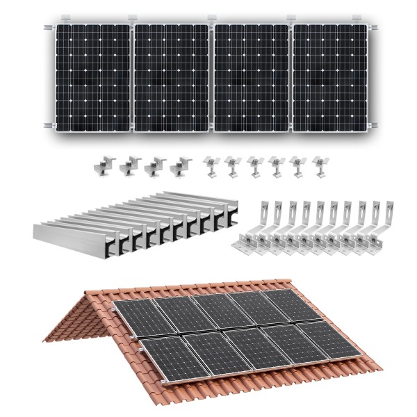 Kit Staffe Fotovoltaico per Tetto in Tegole – Montaggio 4 Pannelli Solari | Binari in Alluminio + Ganci Regolabili Completo