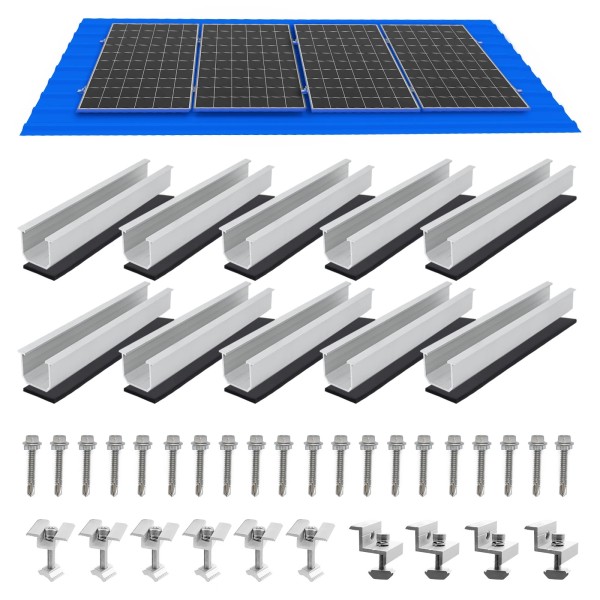 Kit Montaggio Fotovoltaico Universale per 4 Pannelli – Tetti in Lamiera, Cemento e Superfici Piane ed Inclinate